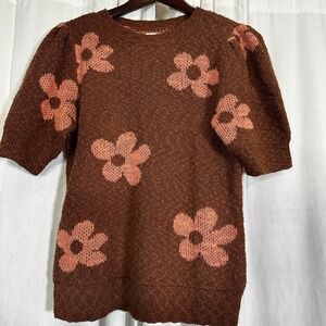Sonoma Coquette Boho Chocolate Brown Floral Puff Sleeve Knit Sweater Top Size L